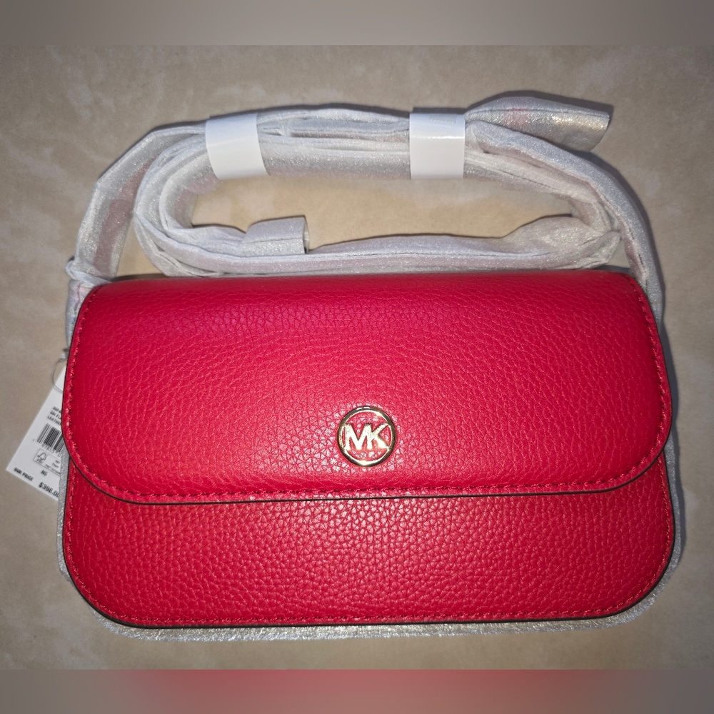 MICHAEL KORS - Jet Set Travel Small Flap Pebbled Leather Crossbody Bag RED - Picture 2 of 7